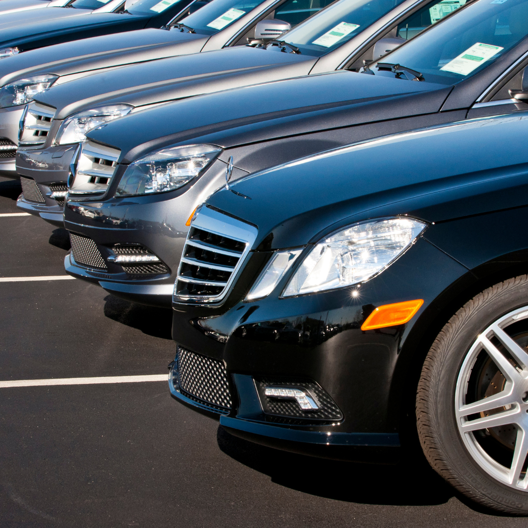 A row of high end Mercedes cars, protected by Moving Intelligence tracking solutions.