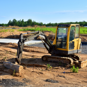 Mini excavator at groundwork protected by Moving Intelligence plant and fleet tracking devices.