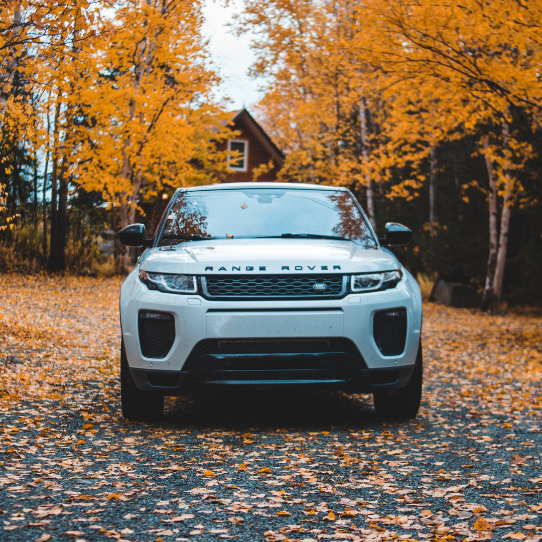 A white Range Rover parked between autumnal trees secured by a Moving Intelligence tracking device.